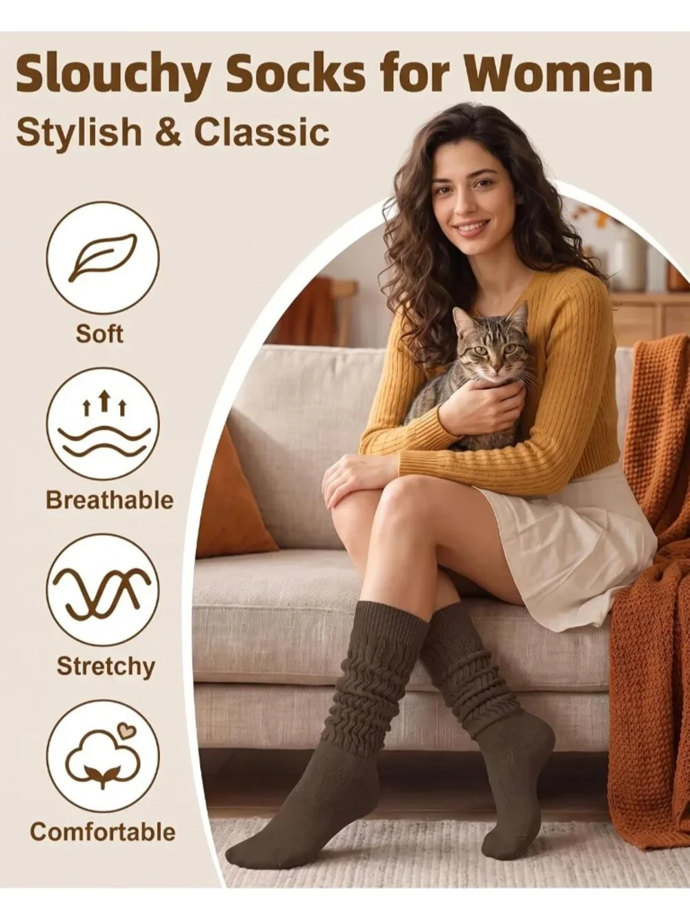 🧦Women's Yellow White 6 Pairs Slouchy Socks Long Knee High Boot Socks